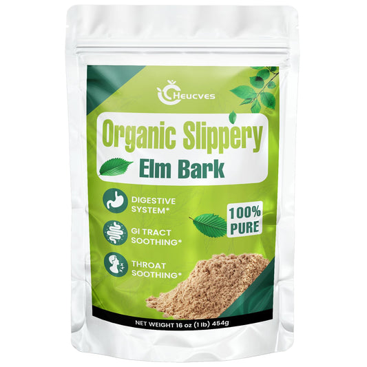Heucves Slippery Elm powder jar close-up showing purity for digestive wellness