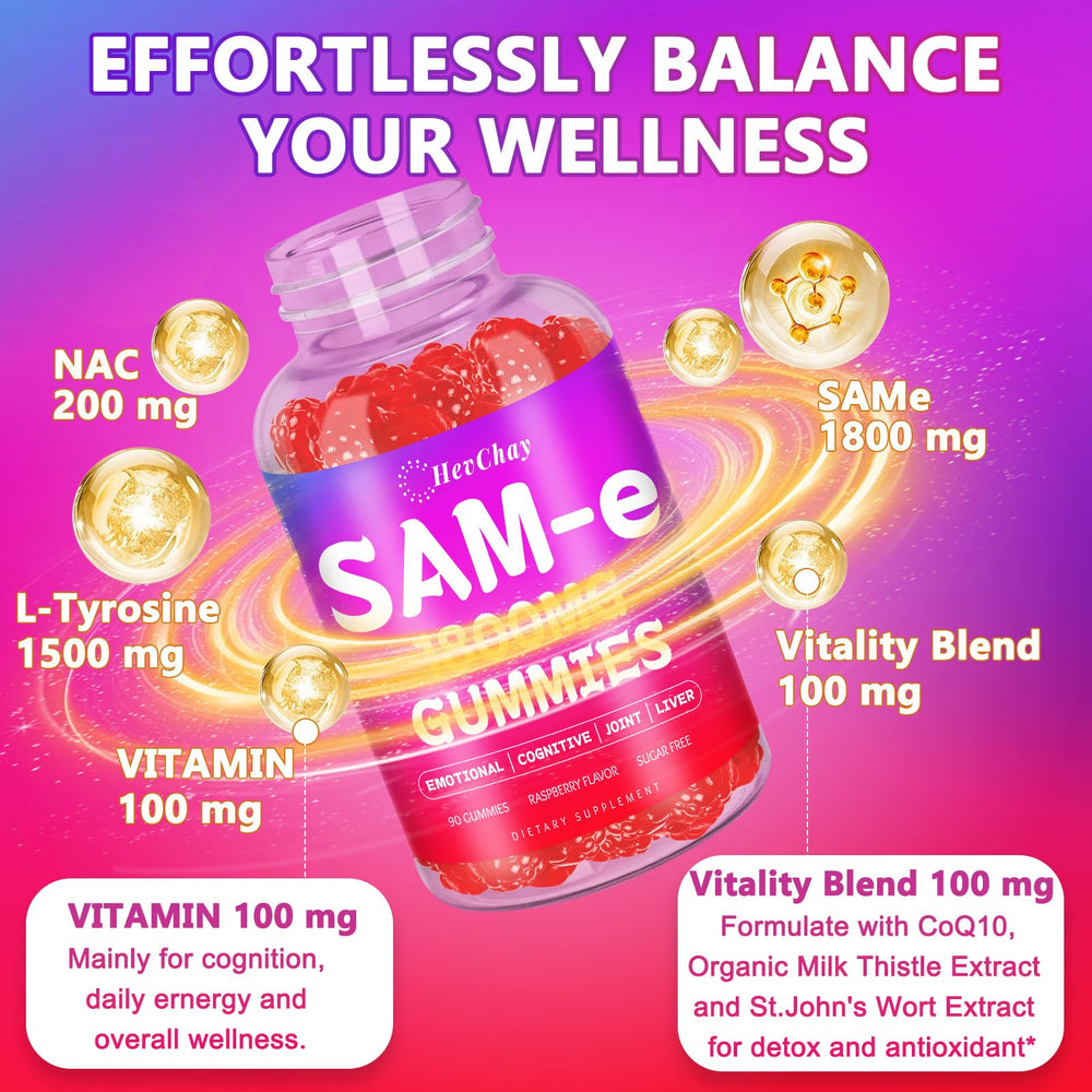 Front of HevChay SAM-e bottle highlights vegan supplement details.