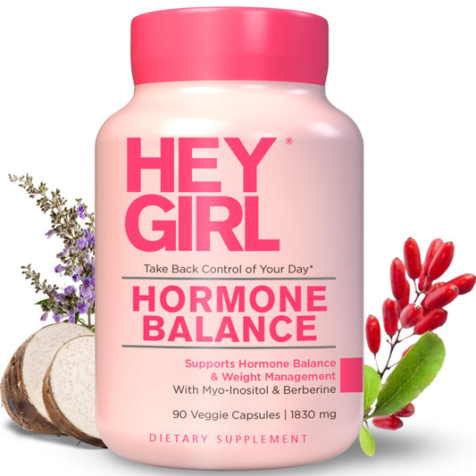 Hey Girl Nutrition hormone balance bottle in a bright setting suggesting cycle wellness
