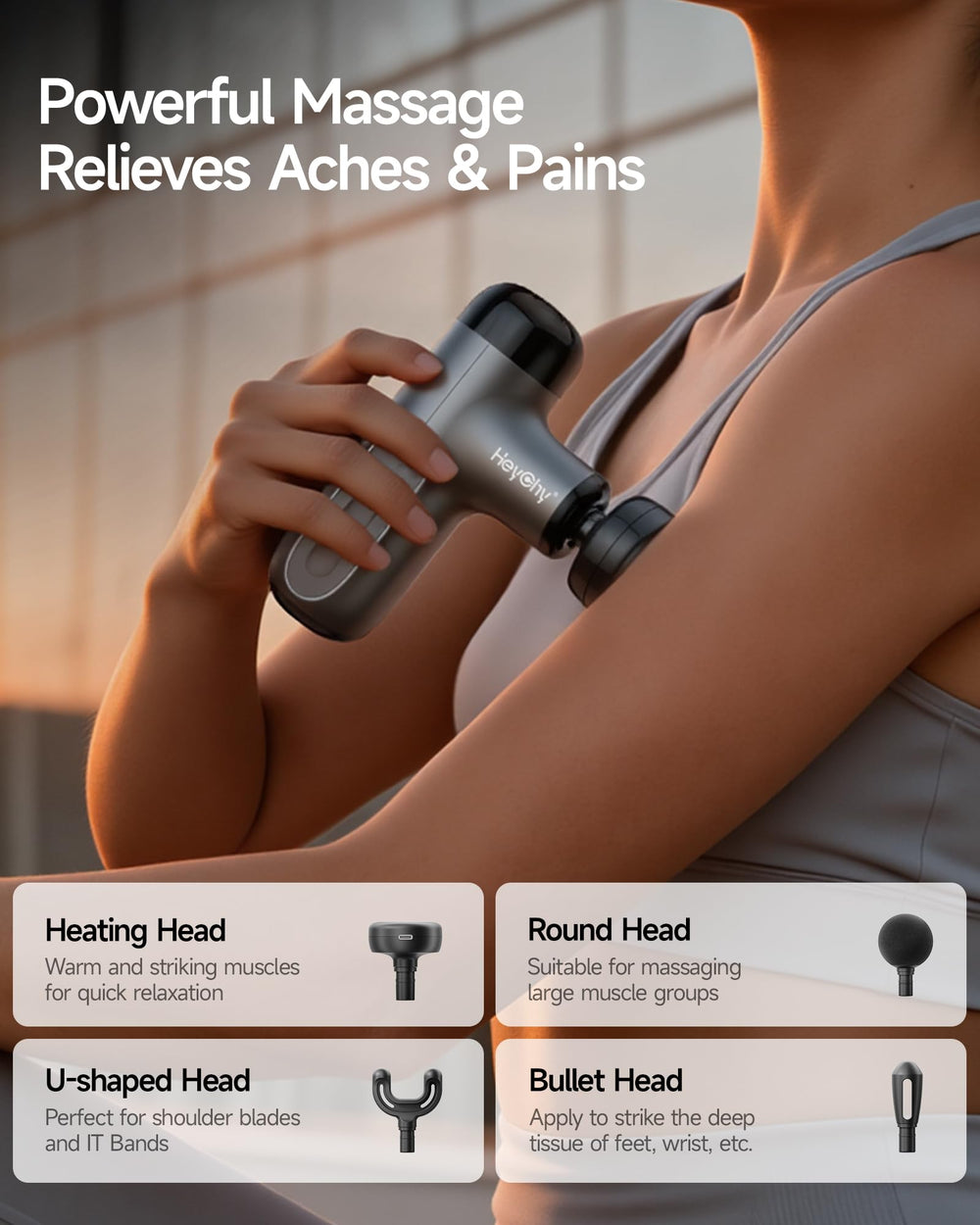 HeyChy Mini Massage Gun with 4 attachments enables varied massage types.