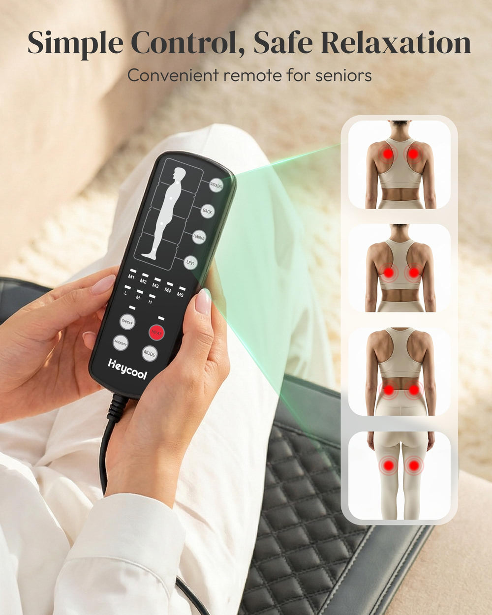 Heycool massage mat interior layout showing 10-motor arrangement across shoulders to legs