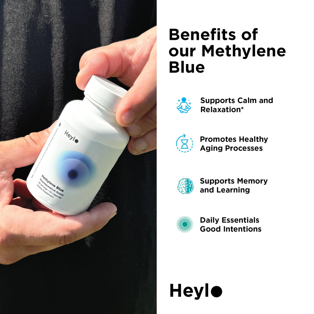 Heylo Health Methylene Blue capsules science-backed formula closeup.