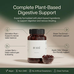 heyremi Debloat Gummies label close-up highlights a five-ingredient blend