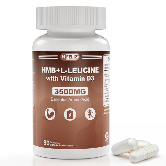 HFELIZ HMB and Leucine bottle front shows 3 in 1 formula for daily energy