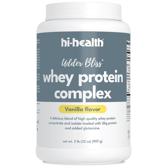 Hi-Health Udder Bliss bottle shows high BV whey protein for daily fitness