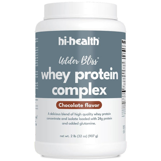 Hi-Health Udder Bliss chocolate whey protein bottle ready for a smooth shake
