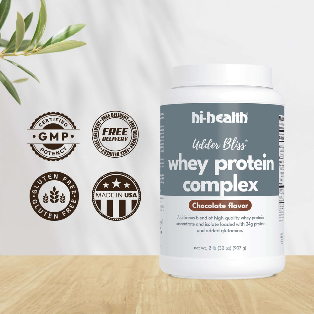 Hi-Health Udder Bliss vanilla whey protein shake glass with a creamy blend