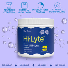 Hi-Lyte Keto K1000 drink in a glass shows refreshing lemonade flavor.