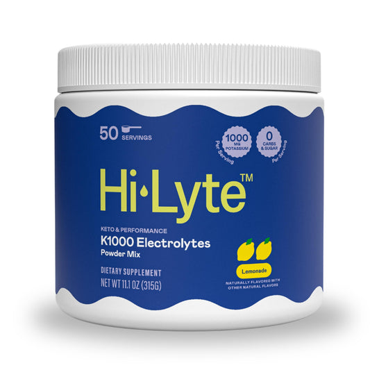 Hi-Lyte Keto K1000 Lemonade tub label highlights keto hydration.