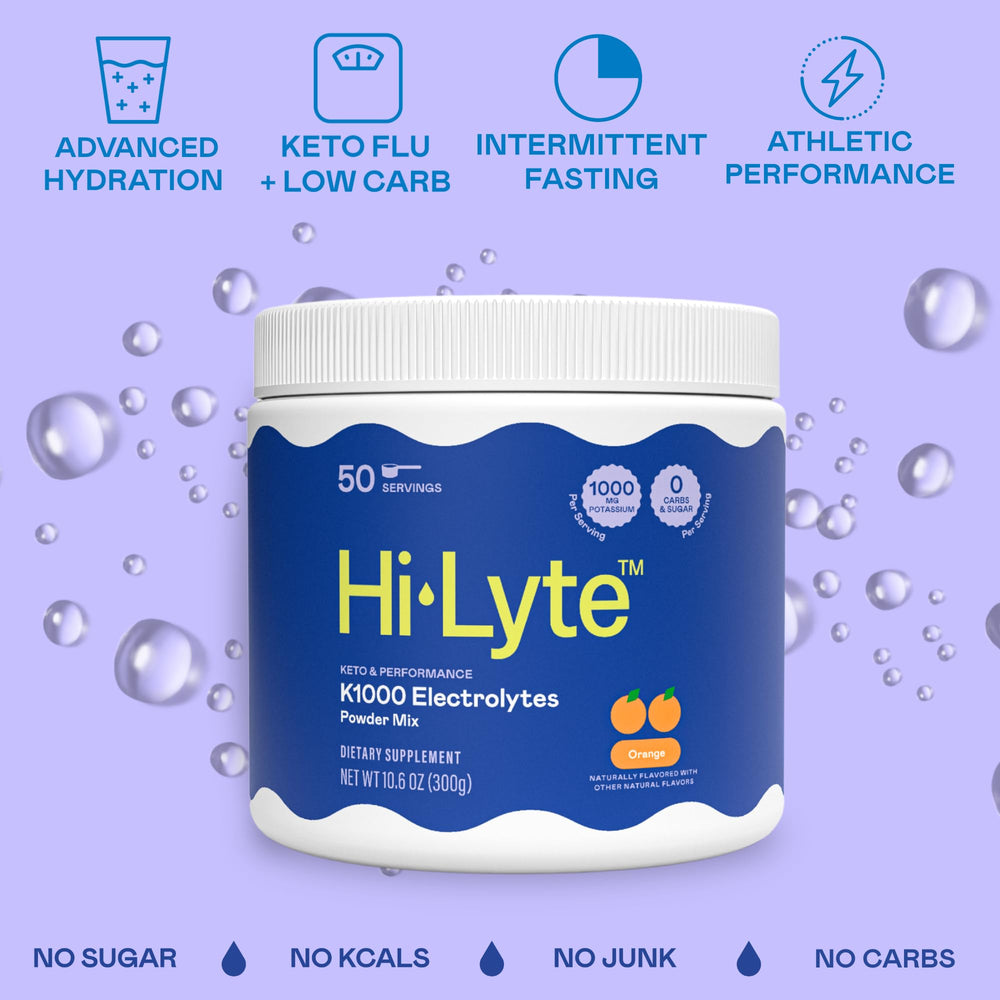 Hi-Lyte K1000 orange bottle container showcases keto-friendly electrolyte solution.