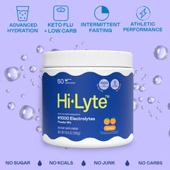 Hi-Lyte K1000 orange bottle container showcases keto-friendly electrolyte solution.