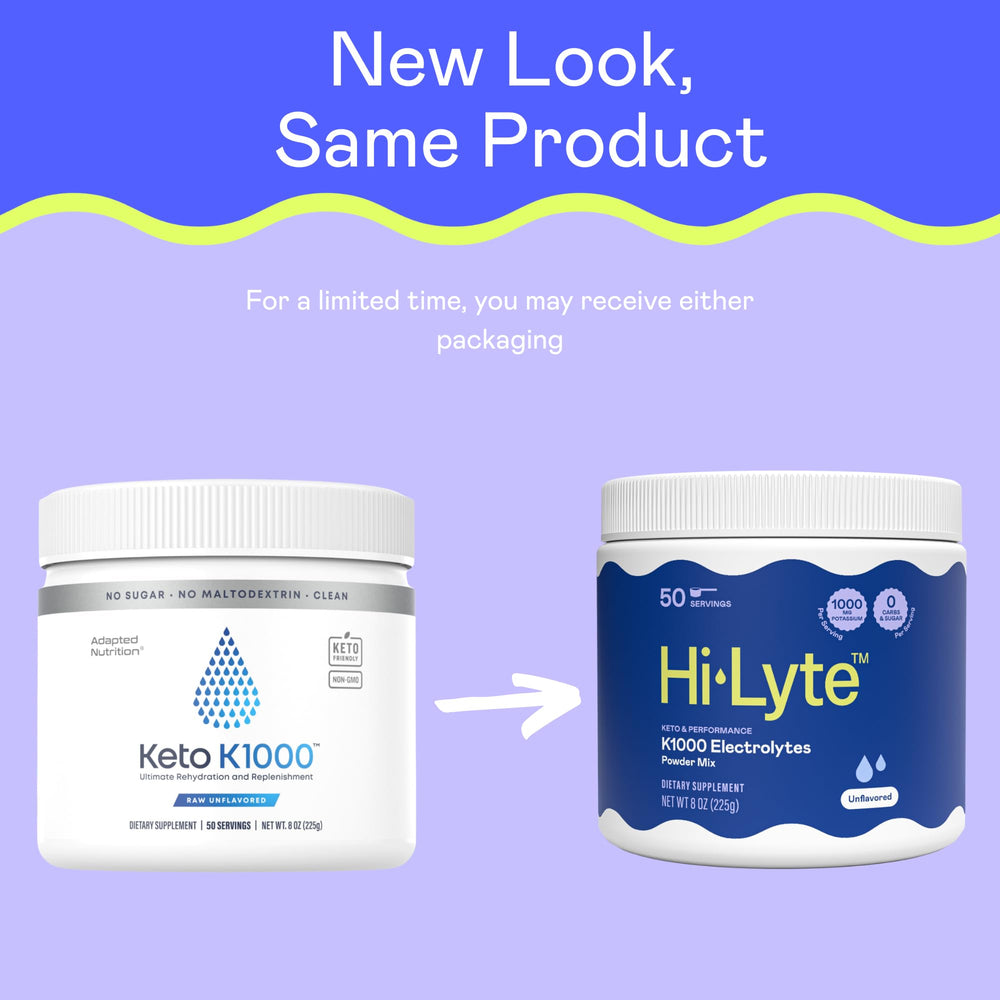 Hi-Lyte K1000 powder being poured into water for hydration.