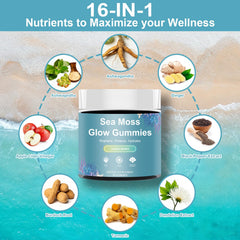 HICFRWE Sea Moss Glow Gummies packaging label highlights vitamin C and E.