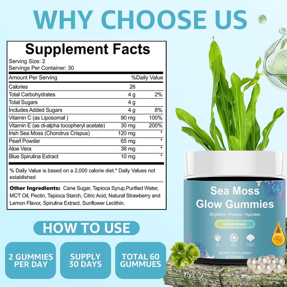 HICFRWE Sea Moss Glow Gummies pearl powder blend shown.