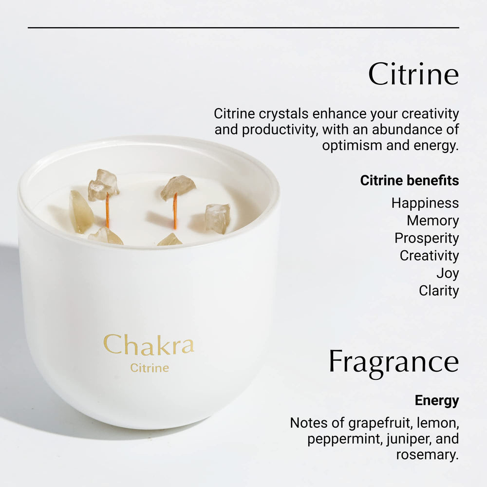 Hidden Label Chakra Collection Candle reveals six crystals for meditative balance.