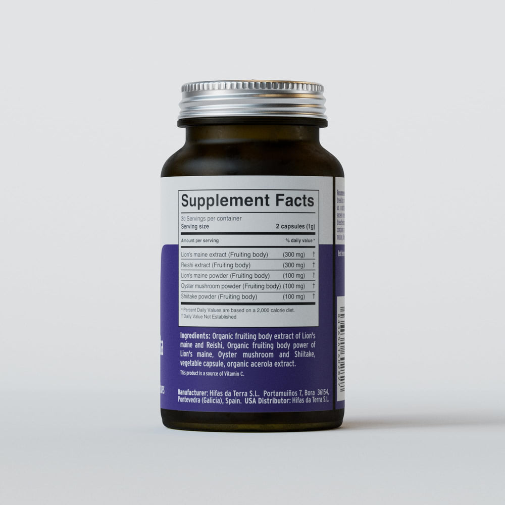 HIFAS-MICROBIOTA capsules closeup highlighting mushroom ingredients for focus