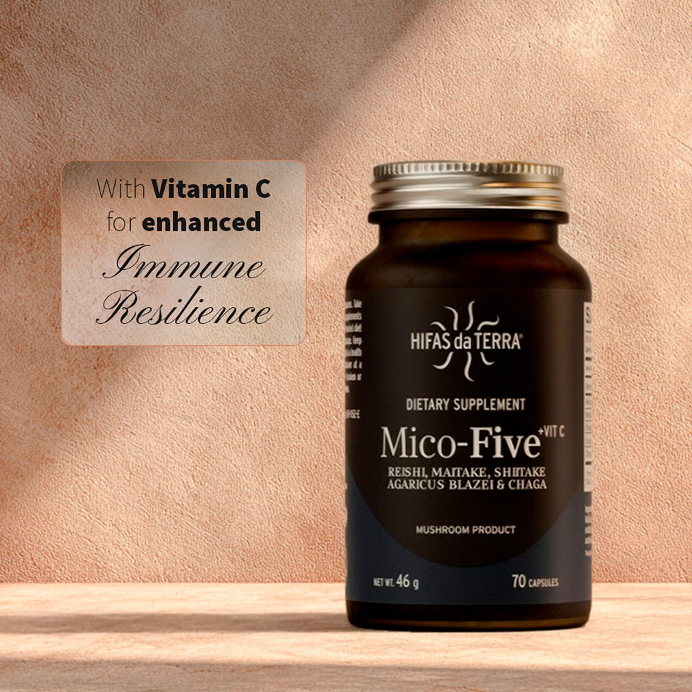 HIFAS DA TERRA Mico-Five on shelf highlighting vegan, gluten-free formulation.