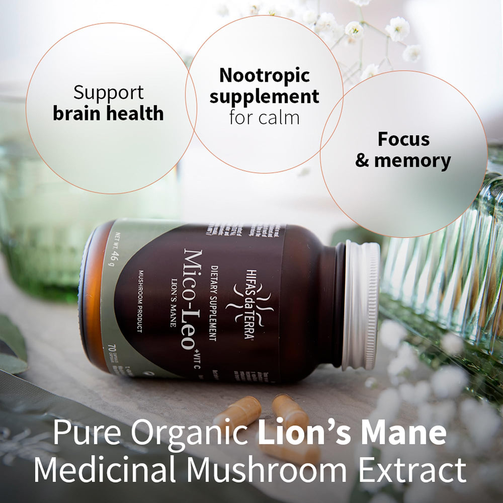 Hifas da Terra Mico-Leo label detail with organic ingredients and potency cues