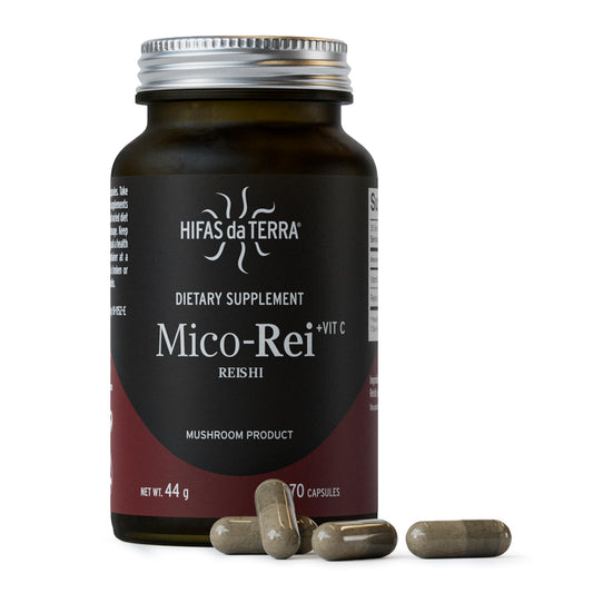 HIFAS DA TERRA Mico-Rei bottle with capsules for daily energy and immune support.