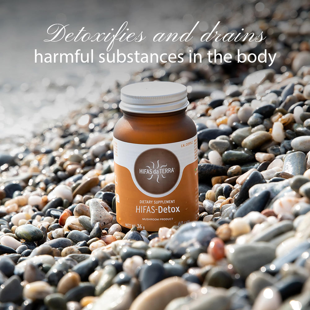 HIFAS Detox glass jar holding 60 vegan capsules, clean and allergen-free.