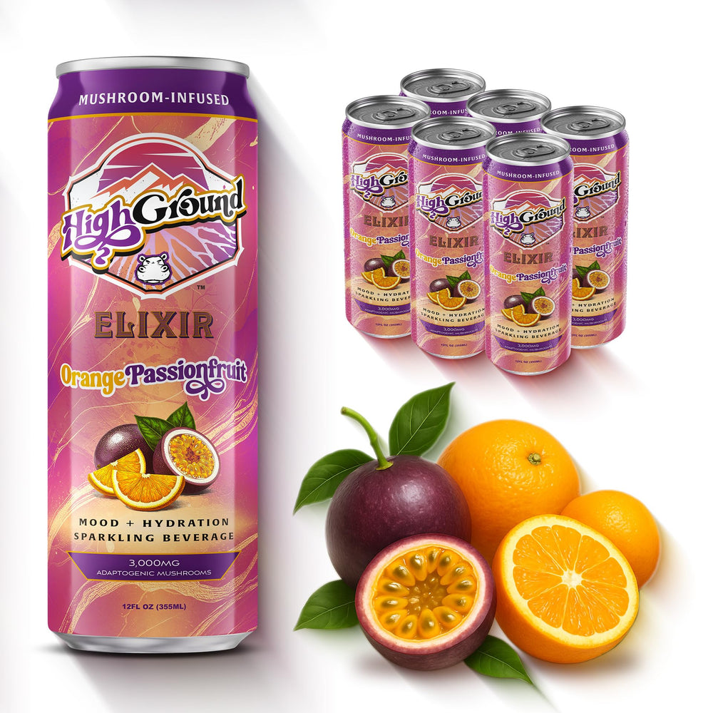 High Ground Elixir bottle with orange passionfruit flavor for calm focus