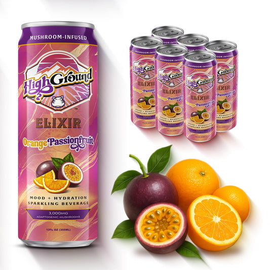 High Ground Elixir bottle with orange passionfruit flavor for calm focus