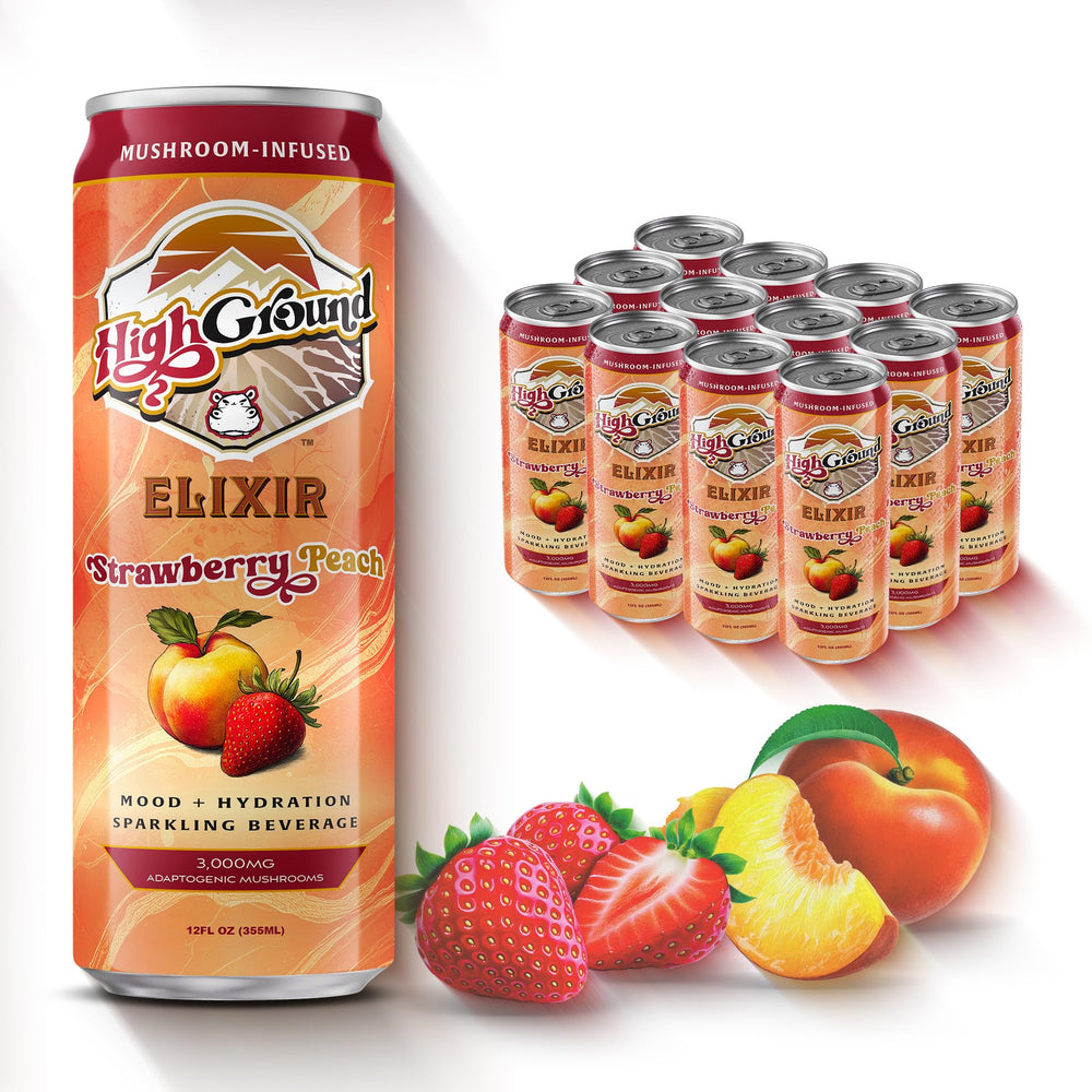 High Ground Elixir strawberry peach can supports focus and balanced energy.