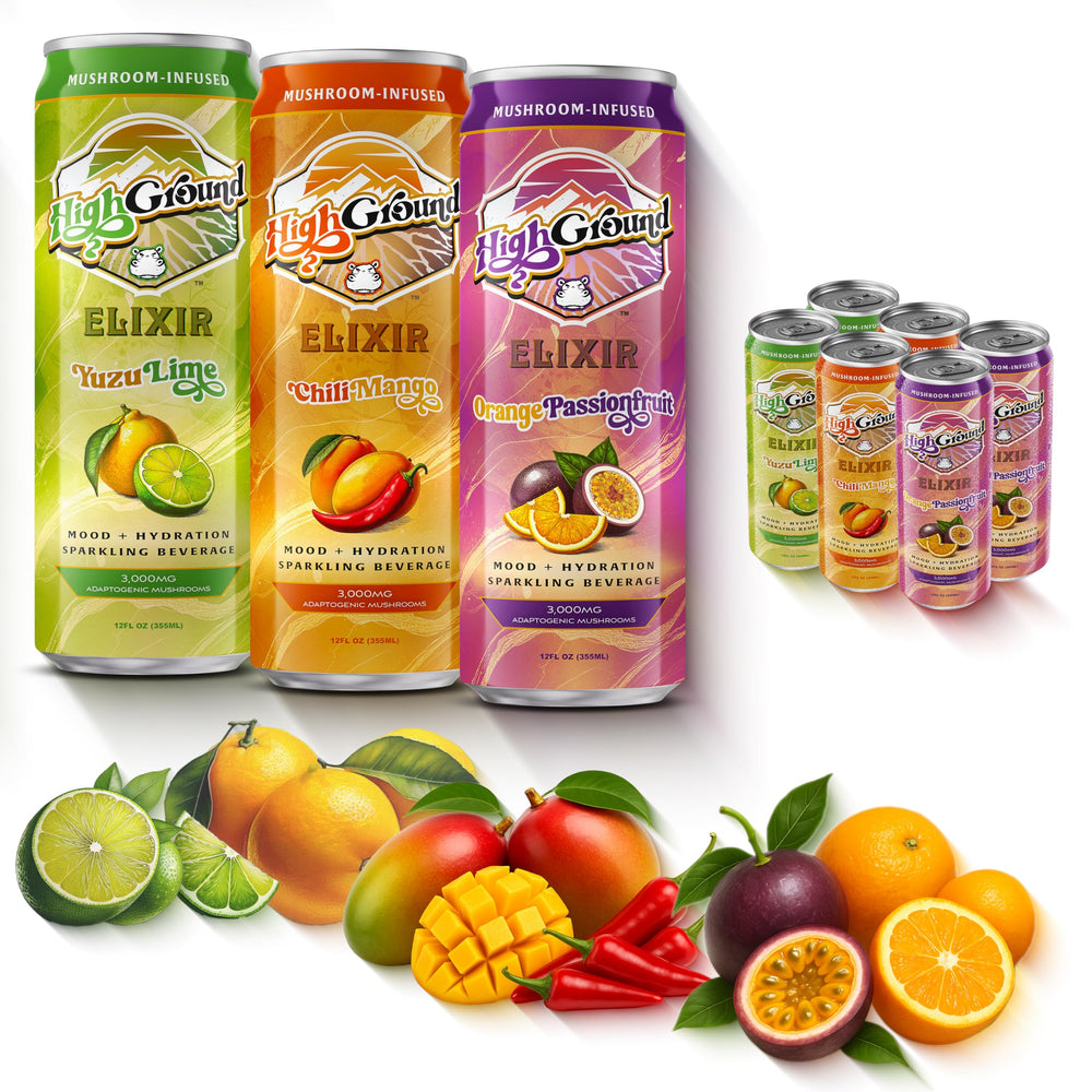 High Ground Elixir variety-pack can on display, inviting a refreshing focus.
