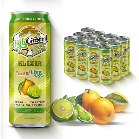 High Ground Elixir can in Yuzu Lime promotes crisp focus and hydration.