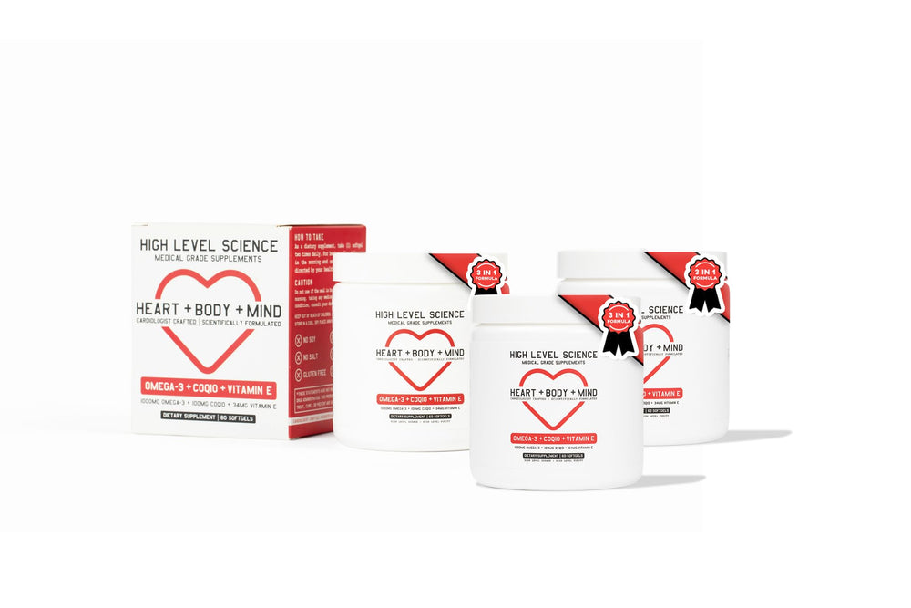 High Level Science CoQ10 Omega-3 bottle displays the all-in-one wellness formula.