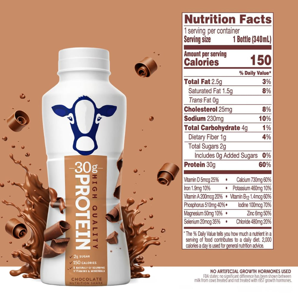 High Protein Chocolate Shake bottle pour for quick, ready-to-drink convenience.