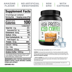 High Protein Iced Coffee glass with ice shows creamy chocolate flavor.