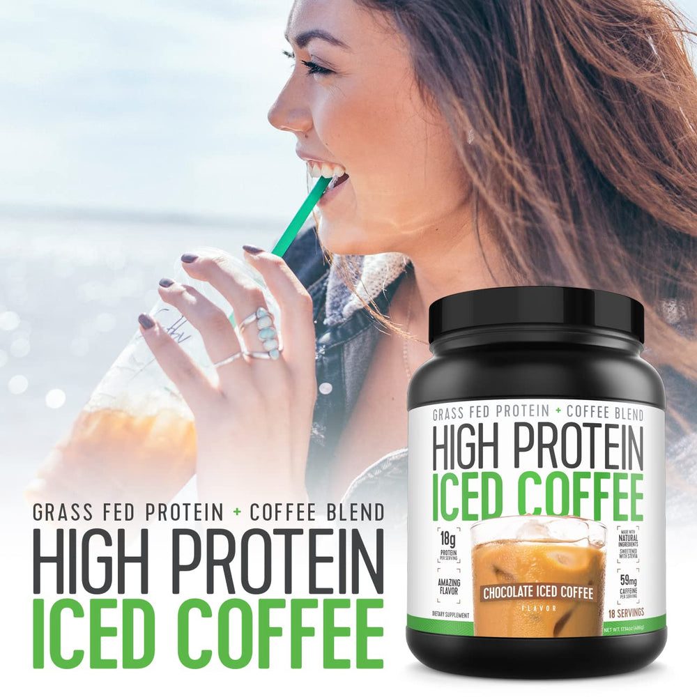High Protein Iced Coffee scoop dispensing serving-sized protein.