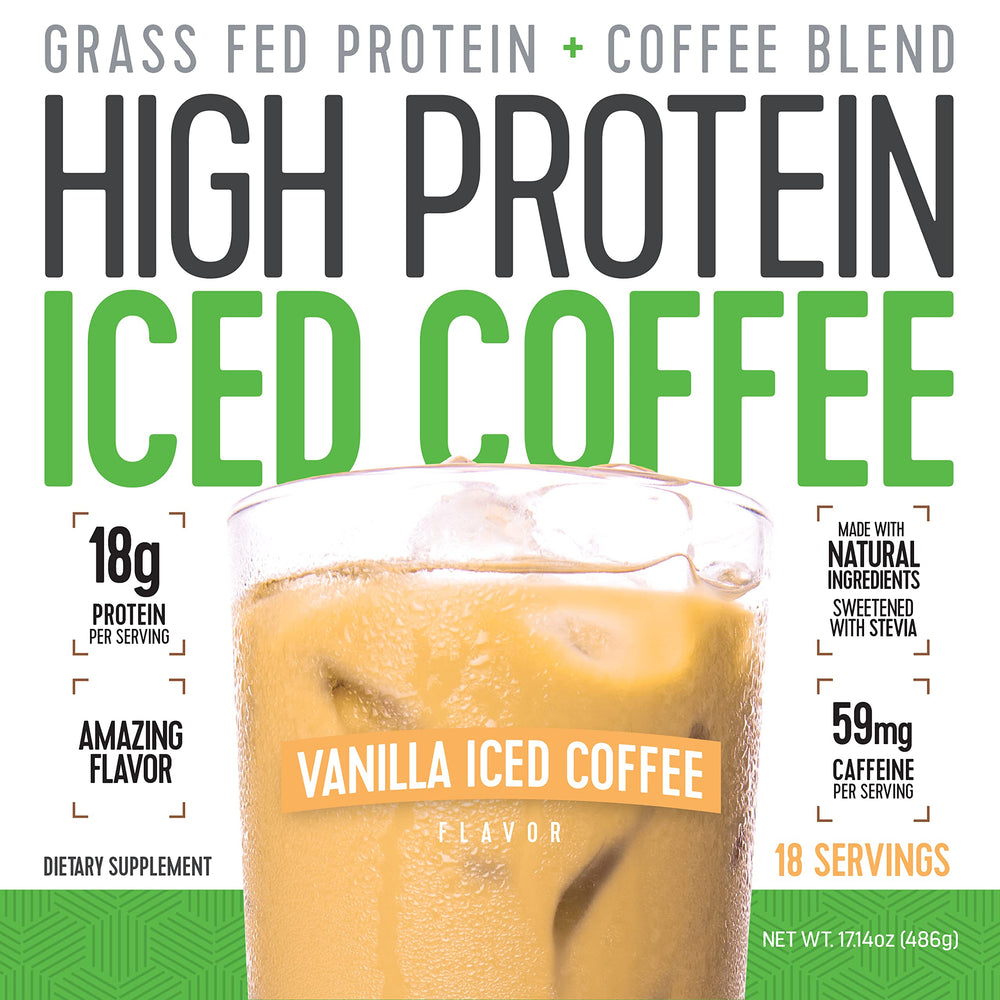 High Protein Iced Coffee Vanilla Latte label emphasizes pure ingredients and natural flavors