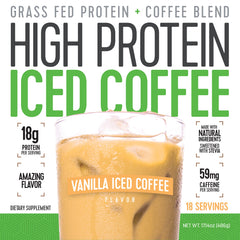 High Protein Iced Coffee Vanilla Latte label emphasizes pure ingredients and natural flavors