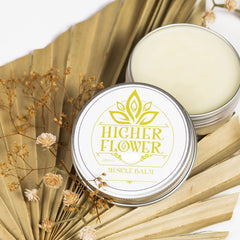 Higher Flower Hemp Muscle Balm jar close-up showing natural ingredients for targeted care
