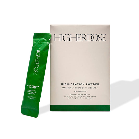 HigherDOSE High-Dration watermelon powder bottle shown for post-workout hydration.