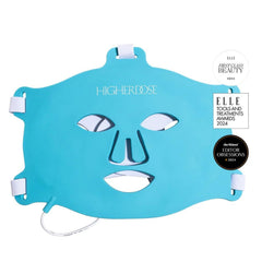 HigherDOSE post-workout ritual with red-light mask for comfort and recovery.