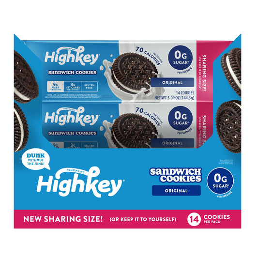 HighKey Keto Sandwich Cookies chocolate cream pack showcases gluten-free, zero-sugar indulgence.