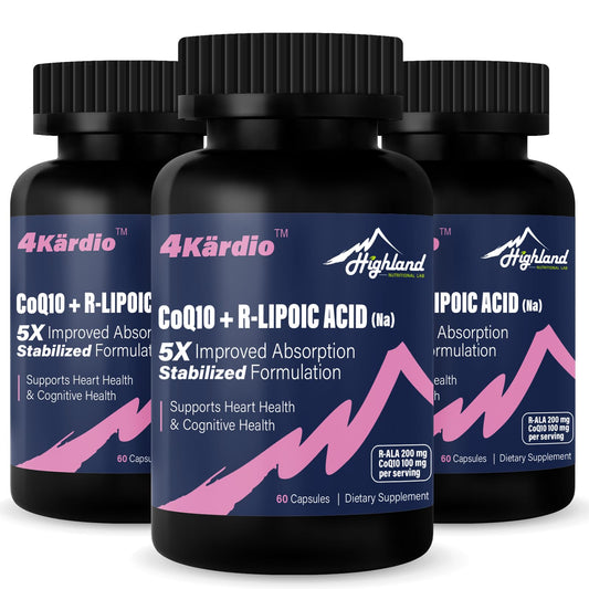 Highland Nutritional Lab CoQ10 with R-Lipoic Acid bottle front supports heart and brain health