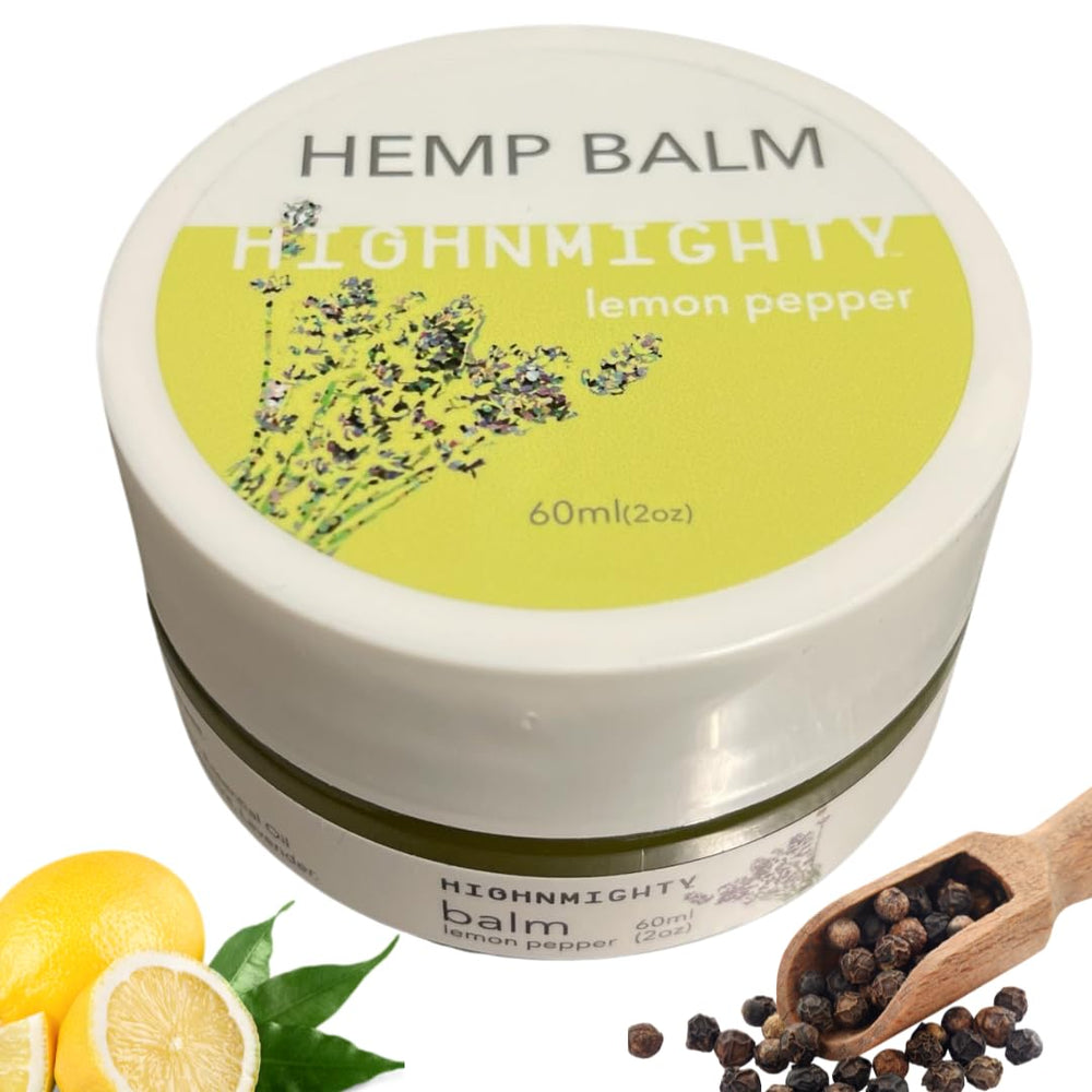 Highnmighty Lemon Pepper Balm jar front view for daytime relief on muscles and joints.