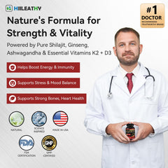 Hiiileathy Shilajit Pro Max capsules closeup highlights easy daily usage for energy.