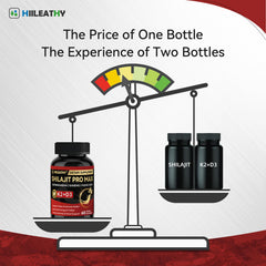 Hiiileathy Shilajit Pro Max vitamin D3 and K2 label emphasizes bone and immune support.
