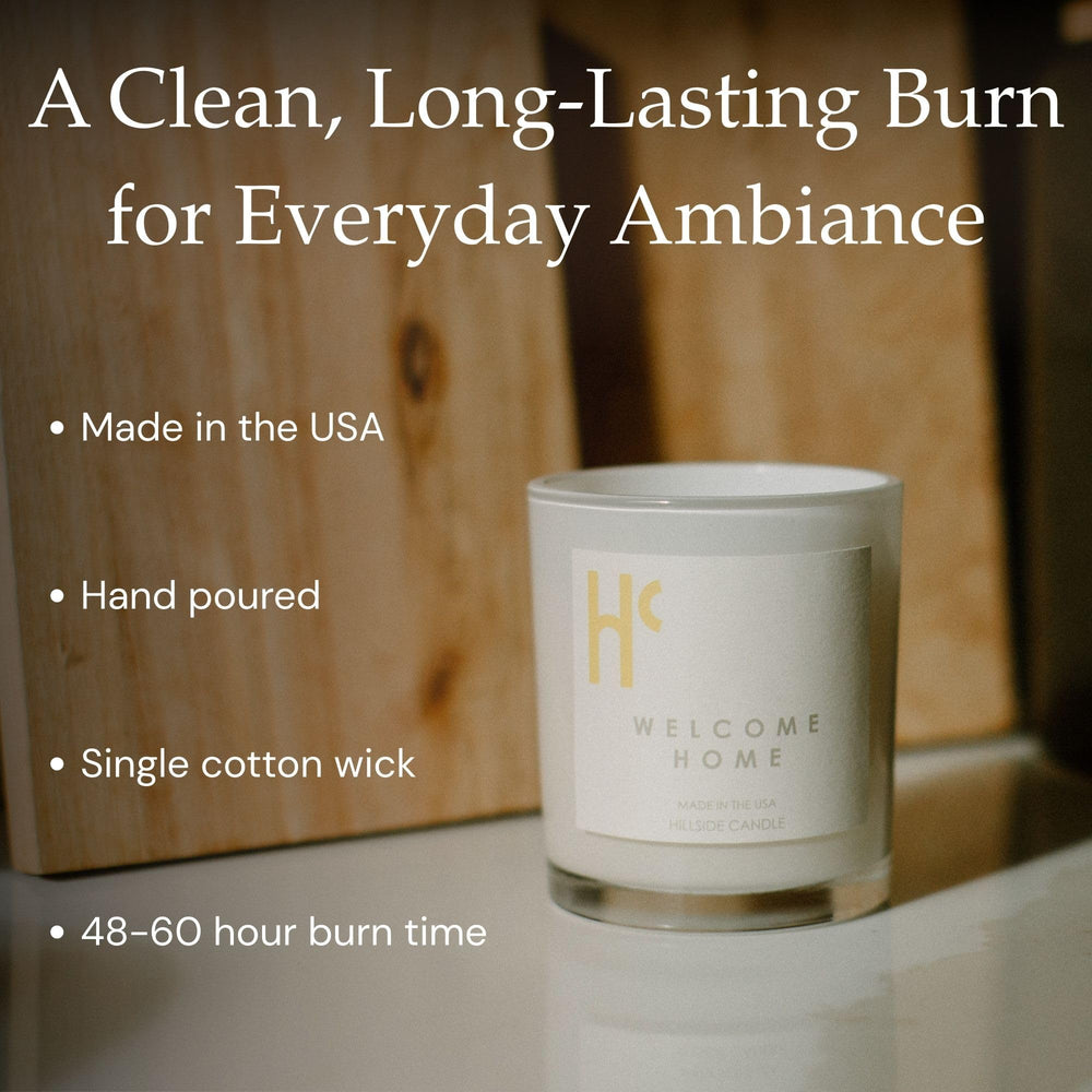 Hillside Candle Welcome Home smoked birch accent adds depth to living spaces daily.