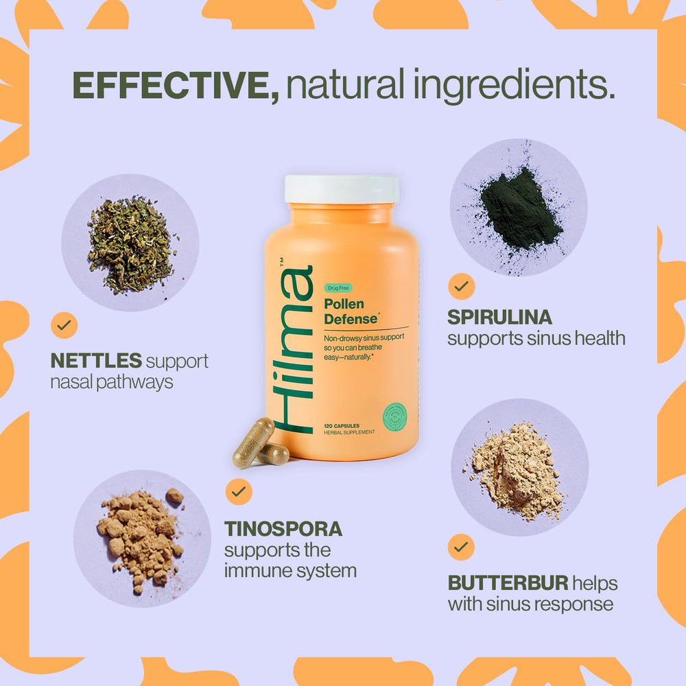 Hilma ingredients nettles butterbur spirulina listed for natural sinus support.