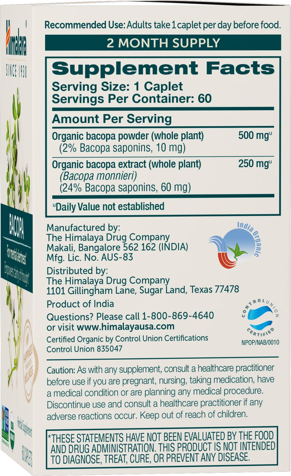 Himalaya Bacopa caplets close-up emphasizing vegan, non-GMO formula for cognitive clarity.