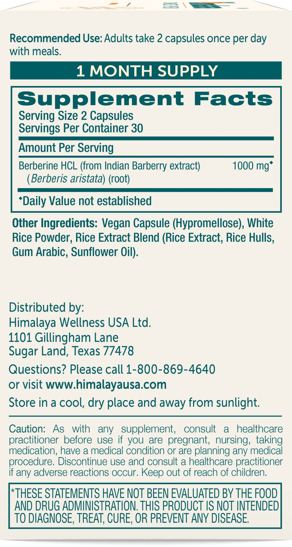 Himalaya Berberine bottle back with usage directions and metabolism-supporting notes.