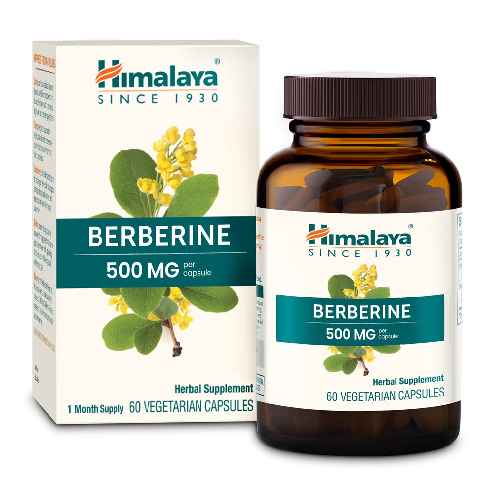 Himalaya Berberine bottle front, showcasing vegan capsules for digestion and immune support.