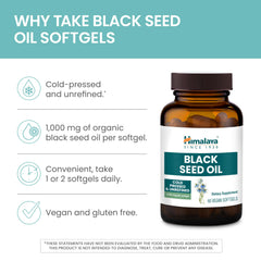 Himalaya Black Seed Oil Softgels label detail highlights purity and no additives.