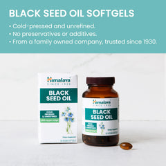 Himalaya Black Seed Oil Softgels packaging emphasizes cold-pressed, unrefined oil.